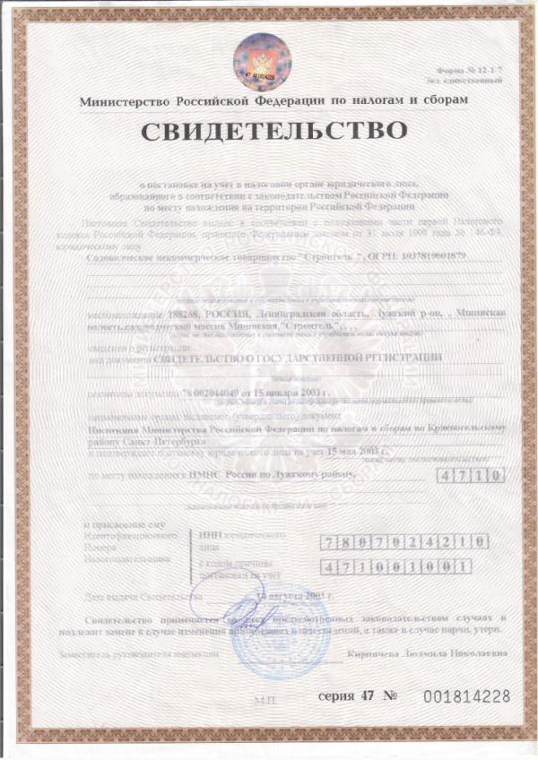 Свидетельство о постановке на учет юридического лица, образованного в соответствие с законодательством Российской Федерации по месту нахождения на территории Российской Федерации